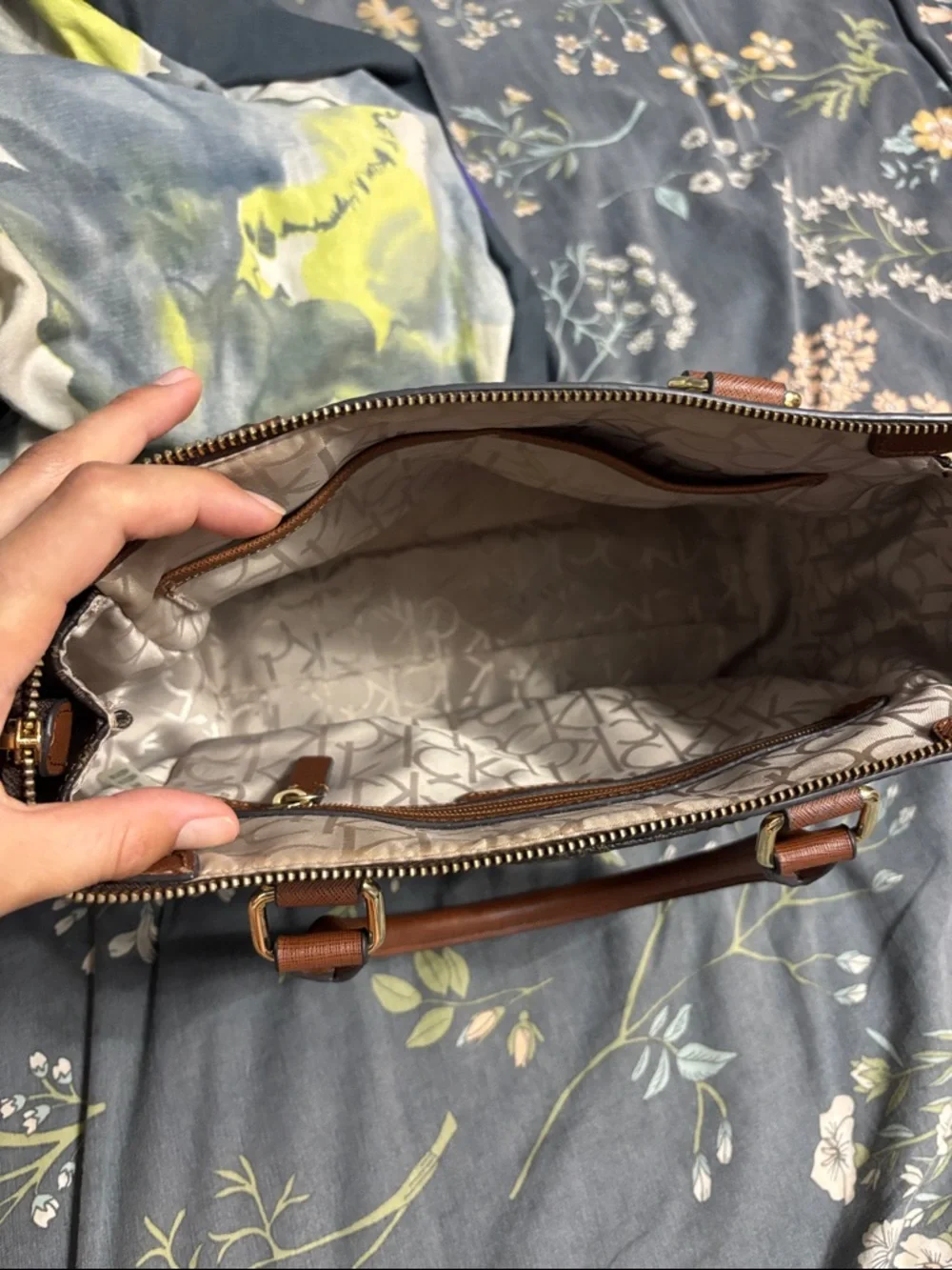 Calvin Klein Brown Monogram Zipper Handbag with Tan Handles and Gold Hardware